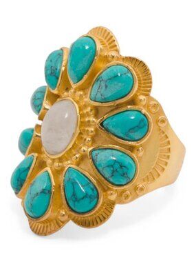 SHAANTI JEWELS Made In India 18kt Gold Plated Turquoise Moonstone Sunburst Ring